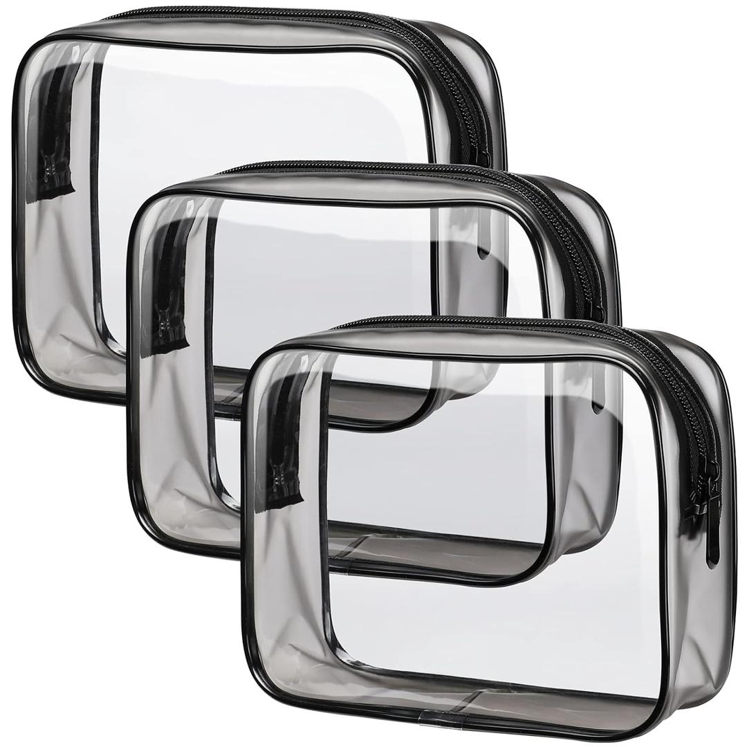 PACKISM Clear Toiletry Bag - TSA Approved Toiletry Bag 3 Pack Same Medium Size, Quart Size Bag Travel Makeup Cosmetic Bag, Carry on Airport Airline Compliant Bag, Black