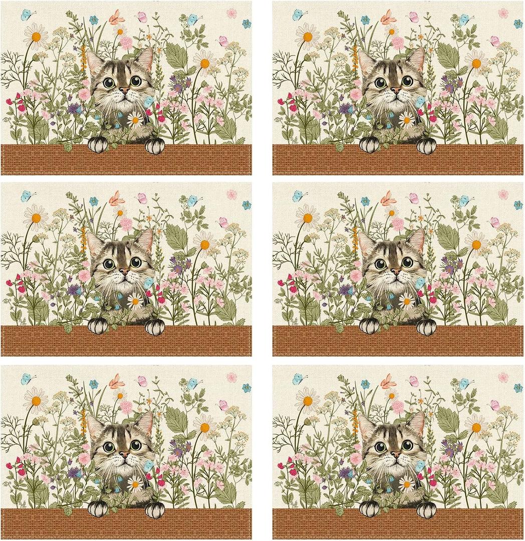 XCHI Wildflowers Cat Daisy Spring Placemats Set of 6 Summer Table Mats for Party Home Kitchen Dining Table Decorations 12x18 Inch