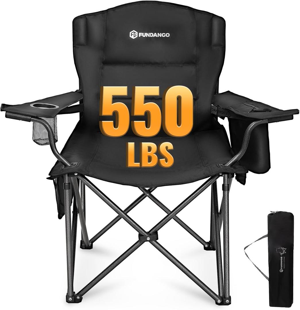 FUNDANGO Oversized Camping Chair for Adults, Heavy Duty Portable Foldable Lawn Chair with Padded Seat & Back, Lumbar Support, 4-can Cooler & Cup Holder, Carry Bag Included for Outdoor (Black) (1 Pack Black)