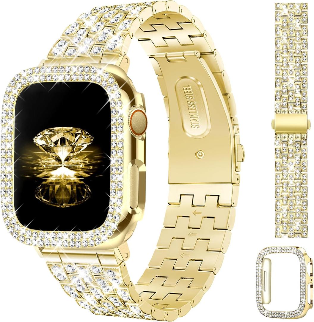 JR.DM Diamond Bands with Bling Case Women Compatible with Apple Watch 40mm Dressy Luxury Rhinestone Jewelry Metal Bracelet Wristband with Protector Cover for iWatch Series 6/ 5/ 4/ SE Gold