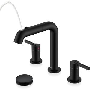 Matte Black Pull Out Bathroom Faucet, 8 Inch 2 Handle Widespread Bathroom Faucet 3 Hole with Pull Down Sprayer, Bathroom Sink Faucet with Pop Up Drain & Supply Lines LJ-9058A-2