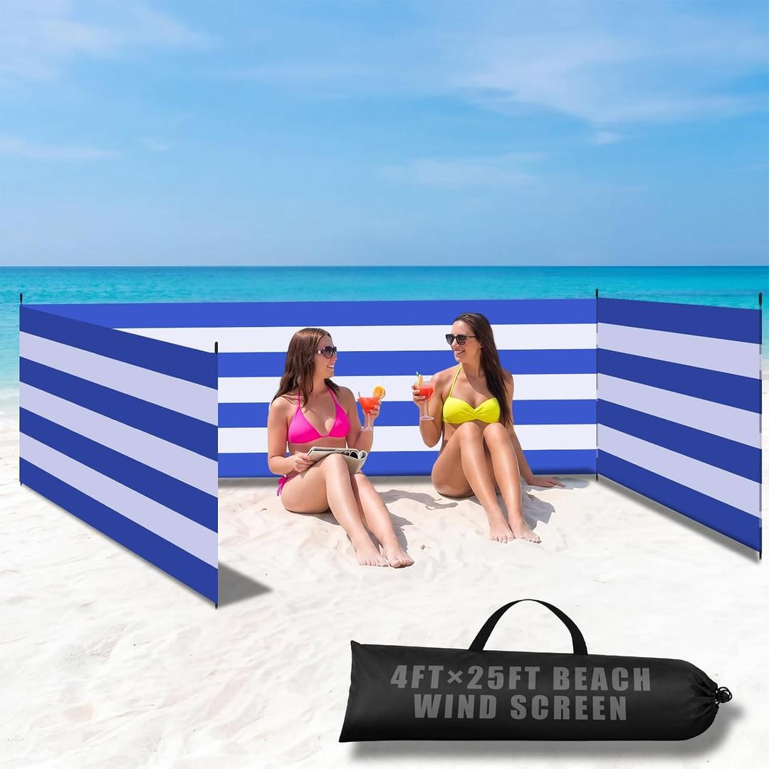 25 x 4 FT Beach Wind Screen Long Blue White Privacy Screen Portable Beach Wind Fence Blocker with 5 Foldable Metal Poles and Carry Bag for Summer Outdoor Sand Protection