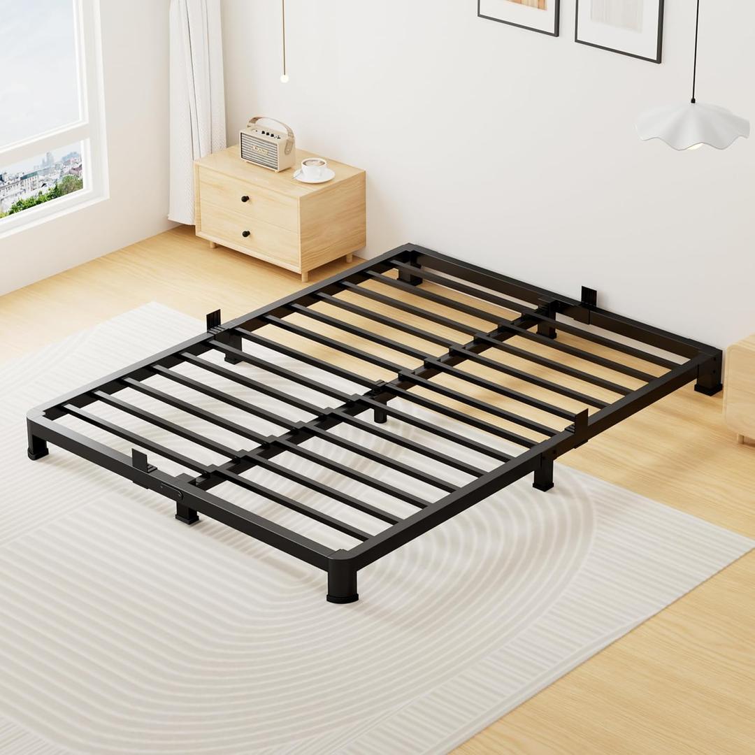 4 Inch Queen Bed Frame Low Profile, Heavy Duty Metal Platform Bed Frame with Round Corner Legs, Sturdy Mattress Foundation, No Box Spring Needed, Easy Assembly, Noise Free, Black
