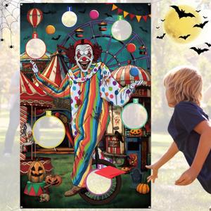 Halloween Toss Game Banner with 3 Bean Bags Scary Clown Toss Banner Halloween Carnival Party Throwing Game for Kids Adults Trick or Teat Circus Party Favors Supplies