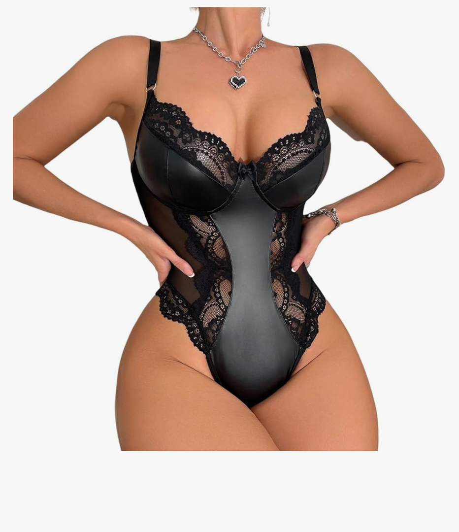 Lingerie for Women Sexy Leather Lace Bodysuit Push Up Snap Crotch Teddy One Piece Babydoll
Size M