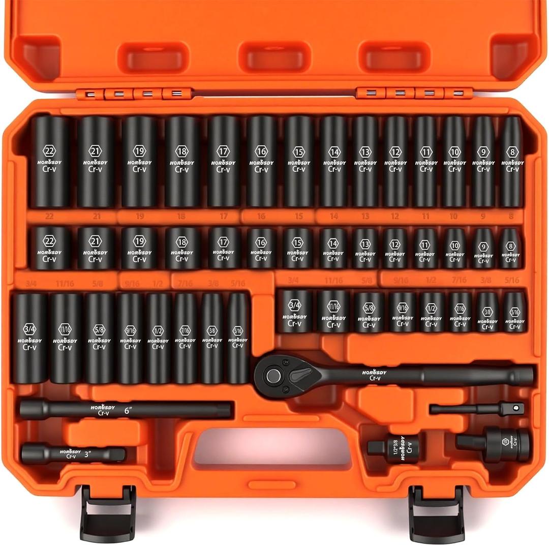 HORUSDY 3/8" Drive Impact Socket Set, 50-Piece Standard SAE (5/16 to 3/4 inch) and Metric (8-22mm) Size, 6 Point, Cr-V, 3/8-Inch Drive Ratchet Handle, Drive Extension Bar, Impact Universal Joint
