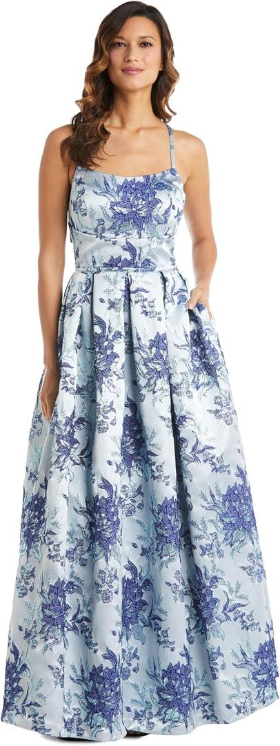 MORGAN AND CO. Womens Juniors Metallic Jacquard Floral Embroidered Prom Gown with Spaghetti Straps Dress, Blue, 9 US