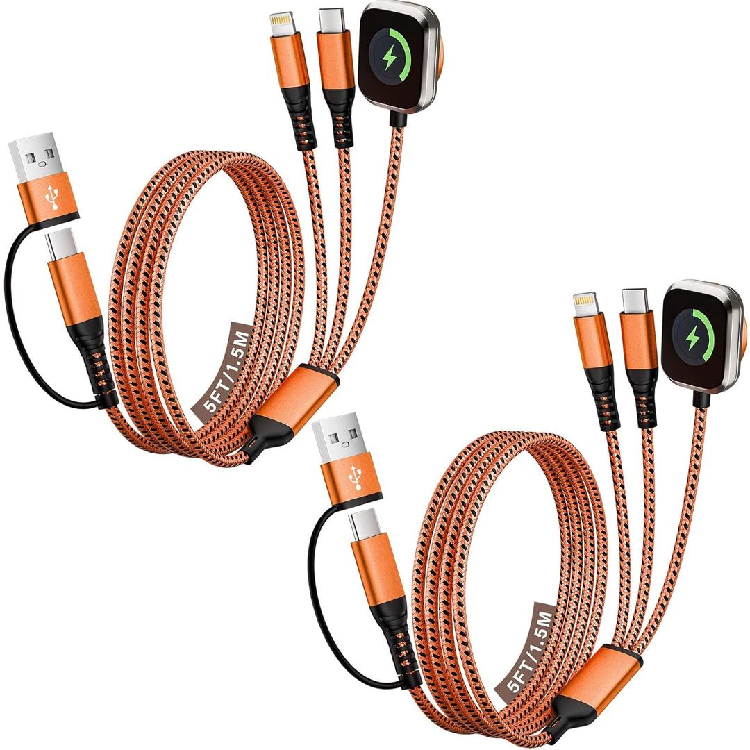 [2Pack-5FT] Travel Charger for iWatch, 3 in 2 Multi Charging Cable/Cord with IP/USB C/iWatch Charger, Travel Chargers for Multiple Devices, Compatible for iWatch Series/iPhone 17-8/iPad/AirPods (Sunset Orange)
