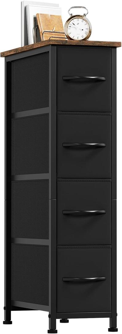 Somdot Narrow Dresser with 4 Drawers, Slim Storage Chest of Drawers with Removable Fabric Drawers for Closet Small Spaces Bathroom Bedroom Laundry, Black Rustic Brown Top