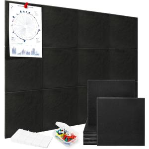 Large Cork Board | 48"x36" Felt Bulletin Board with Safe Removable Adhesive Tabs, 12-Pack Felt Wall Tiles for Home, Office, Classroom Essentials, Black