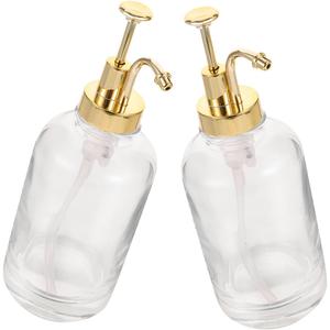 2 Pack Syrup Dispenser Bottles Glass Honey Sauce Pump Bar Kitchen Accessory Leakproof Sturdy, (Golden)