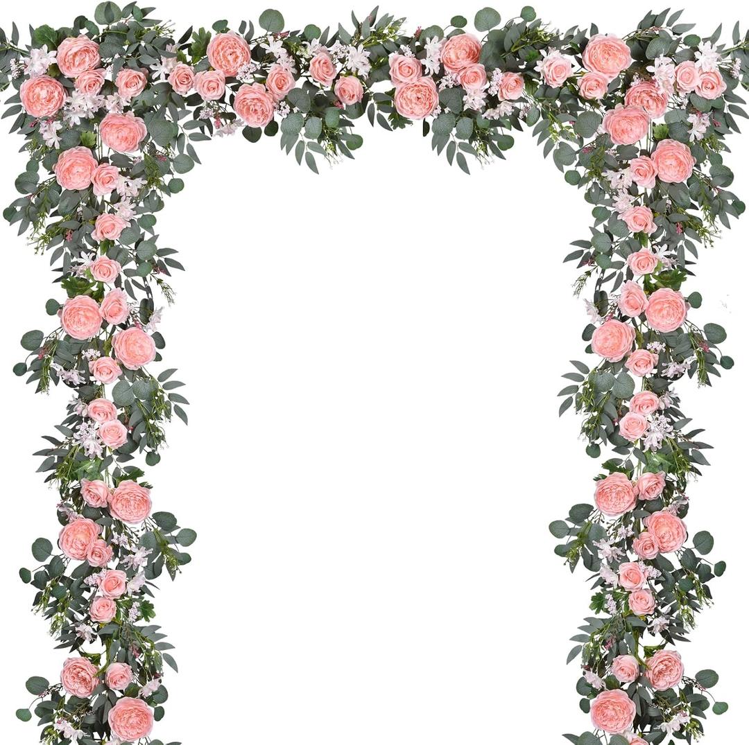DearHouse 2Pcs Artificial Peony Flower Garland and - Silk Peony Garland with Flowers and Eucalyptus for Wedding Party Table Decoration,6ft/Strand (Pink)