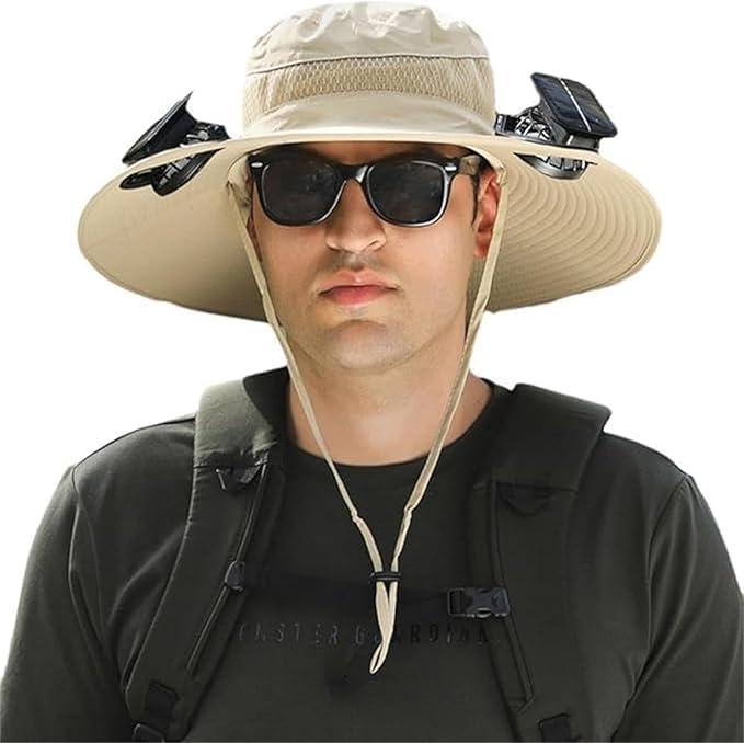 Wide Brim Solar Fan Fishing Hat for Outdoor, Rechargeable Solar Fan Hat with 2 Fans for Men, Breathable Sombrero for Hiking