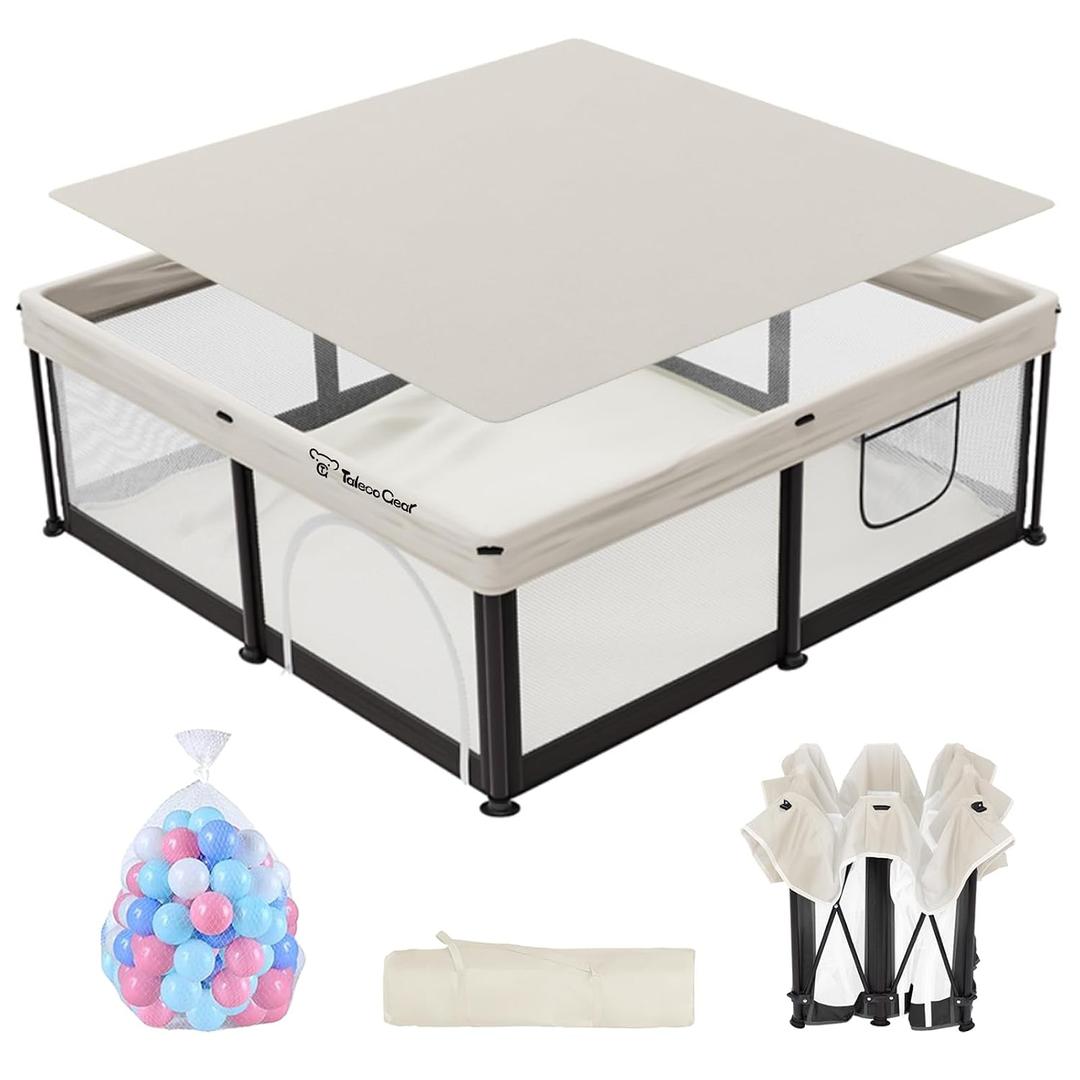 Semoprus Baby Playpen, Portable Indoor Outdoor Play Area with Balls, Beige, 50x50x27 Inch, Quick Fold Design, Mesh Safety Panels, for 0-36 Months