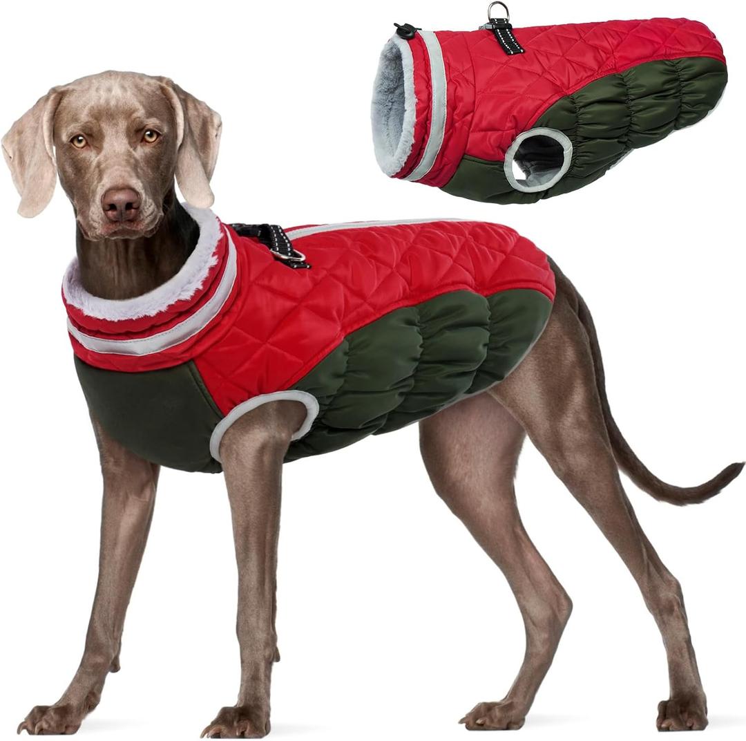 FUAMEY Dog Coat for Large Dogs,Waterproof Dog Winter Jacket with Harness Built in Puppy Cold Weather Coats Reflective Pet Vest with Zipper Warm Fleece Dogs Snowsuit Windproof Christmas L (L(chest:24in))