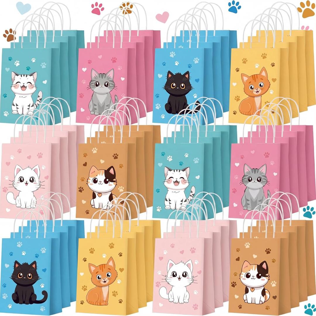 Zhanmai 48 Pcs Cat Birthday Party Favors Bags Bulk for Goodie Gifts Cute Kitty Candy Treat Paper Bags with Handles for Kitten Birthday Party Decoration Supplies Pet Adoption