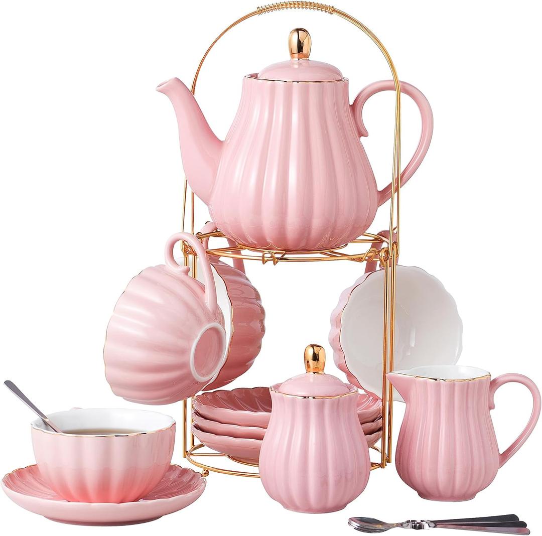 CLAY TONIC-- 8 OZ Fine China Purple Coffee Cup/ Teacup Set, Cups & Saucer, with Teapot-Sugar Bowl-Cream Pitcher Teaspoons and tea strainer for Tea/ Coffee, 17-Pieces- Service for 4 (Pink)