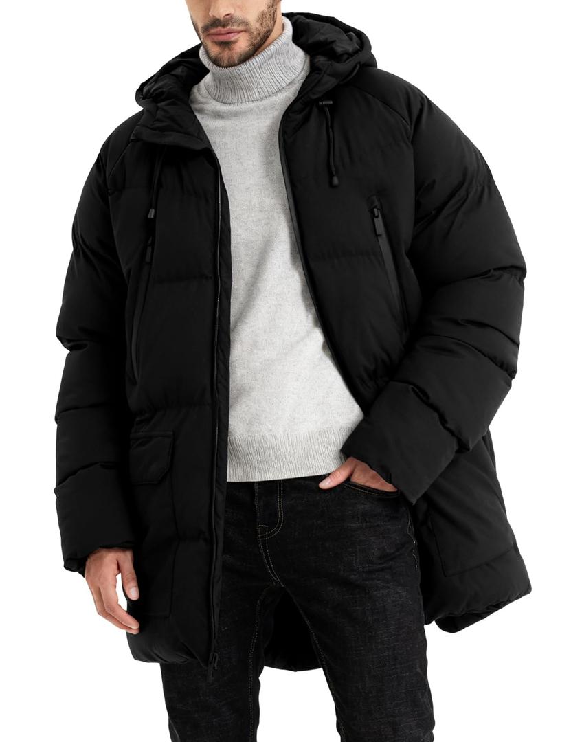 Wyeysyt Mens Long Puffer Jacket Hooded Warm Winter Coats Thicken Quilted Jacket Puffy Parka Outerwear(Black-XL)