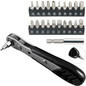 STREBITO Mini Ratchet Set, 22-Piece 1/4 Ratchet Right Angle Screwdriver, 36-Tooth Small Ratcheting Wrench Bit Ratchet For Tight Spaces, with Phillips, Slotted, Torx, Hex, Square and Adapter for Socket