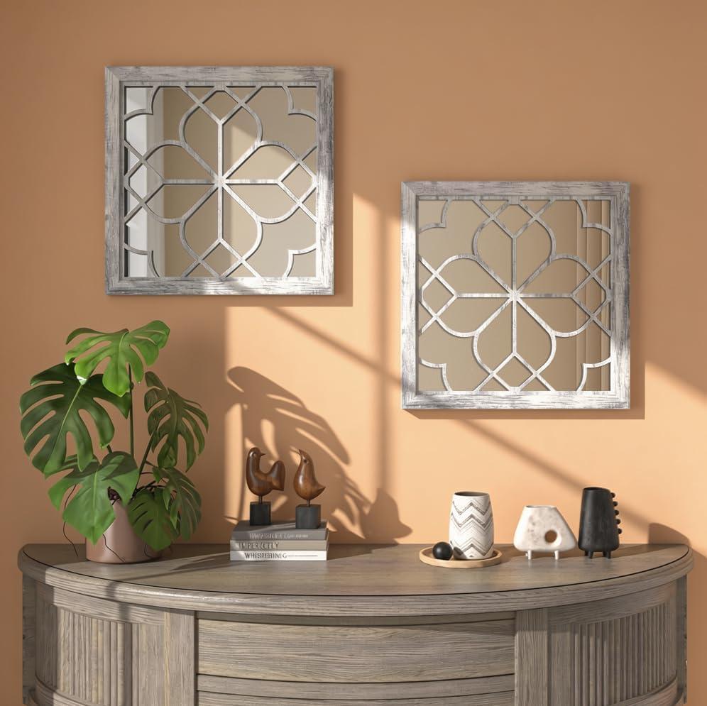 Set of 2 18 Inch Large Square Grey Window Pane Wall Mirrors, Shatterproof Rustic Farmhouse Boho Vintage Accent Mirrors for Living Room, Bedroom, Bathroom, Entryway & Home Decor