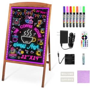 Hosim LED Message Writing Board 32"x24", Standing A-Frame Wooden Message Board Illuminated Erasable Neon Effect Restaurant Menu Sign, 8 Colors Markers, Flashing DIY Message Chalkboard for Shop/Cafe