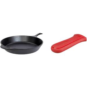 Lodge L14SK3 15-Inch Pre-Seasoned Cast-Iron Skillet & LODGE Red Silicone Deluxe Hot Handle Holder, 1 EA