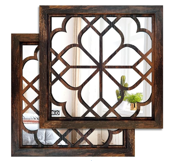 Wocred 2 PCS Square Wall Mirror,Gorgeous Rustic Farmhouse Accent Mirror,Caramel Color Entry Mirror for Bathroom Renovation,Bedrooms,Living Rooms and More(12”x12”)