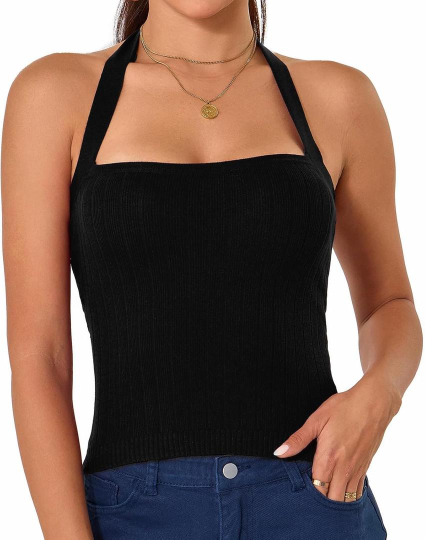 Betu Women Tank Top Ribbed Knit Sleeveless Fitted Crop Shirts (Large, Tie Halter-black)