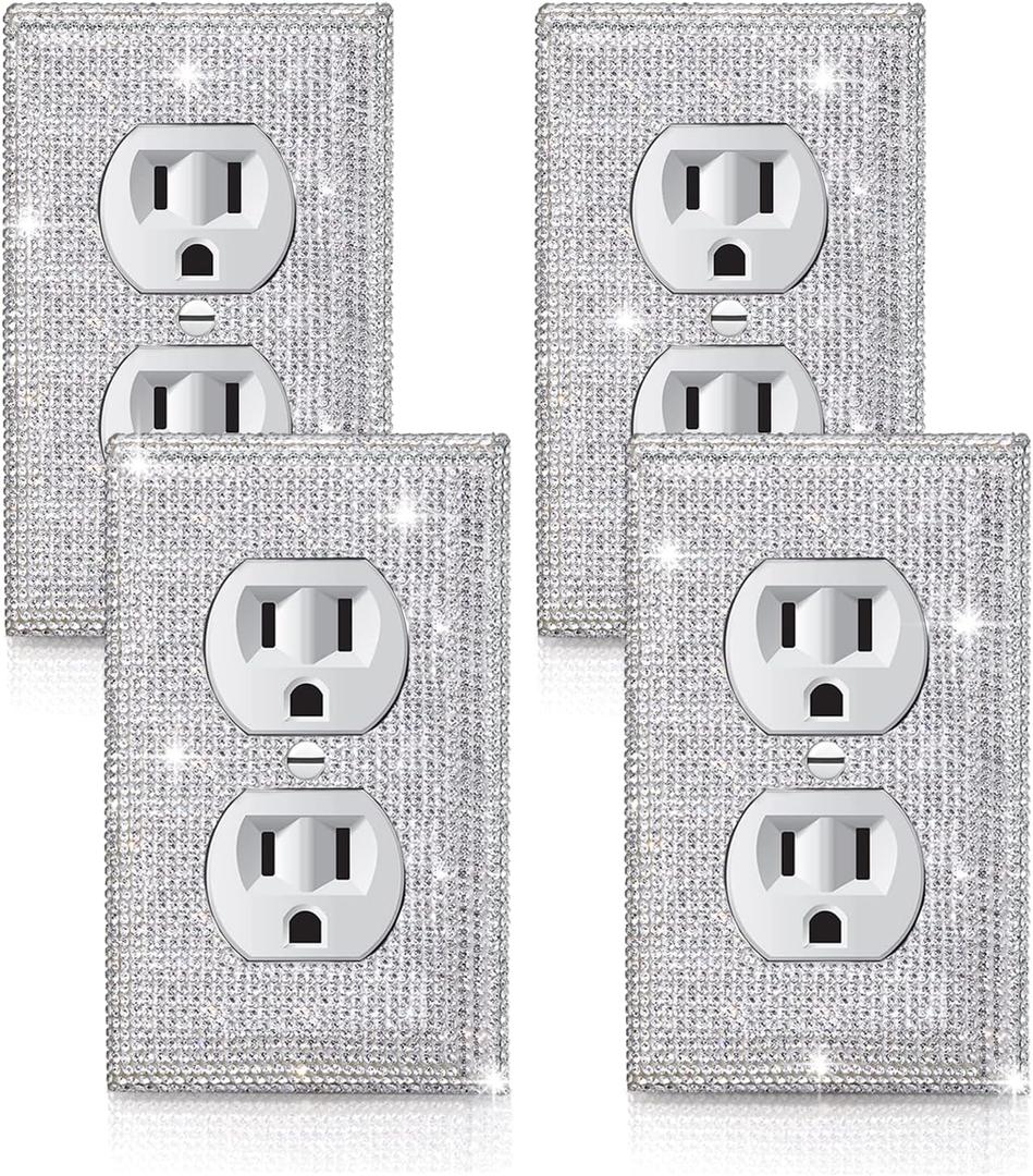 4 Pcs Outlet Covers Shiny Silver Rhinestones Wall Plate 1 Gang Toggle Light Switch Cover Decorative Durable Switch Covers (Standard Size)