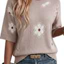 Dokotoo Short Sleeve Sweaters Womens Crewneck Floral Pullover Sweater Cute Summer Tops for Women Trendy Blouses Business Casual Outfits Soft Cotton Women Fashion Clothing Gray XL
