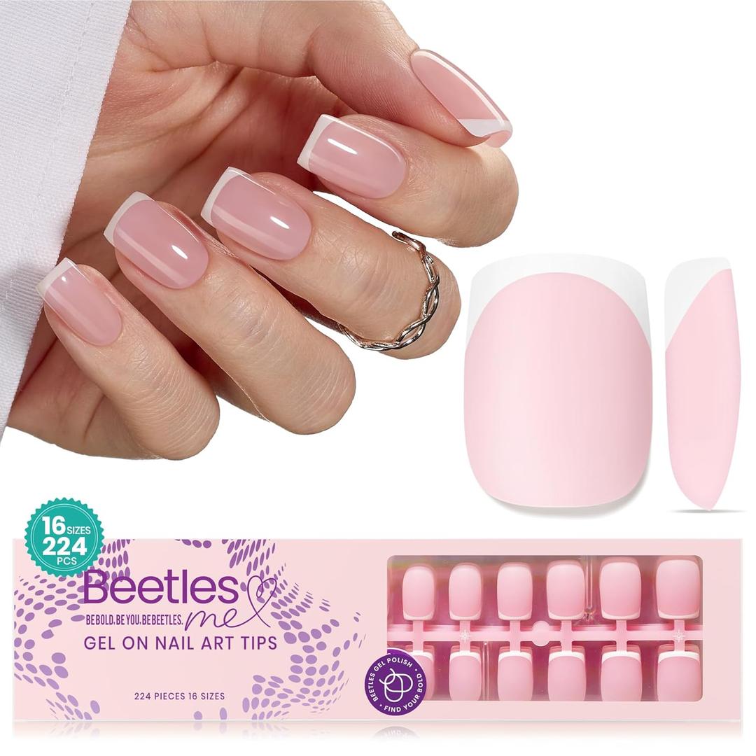 Beetles Short Square French Tip Press on Nails, 224Pcs French Tip Press on Nails Pink Short Square Shape Nail Tips, No Need to File Fake Nails for Nail Art DIY Gifts for Women