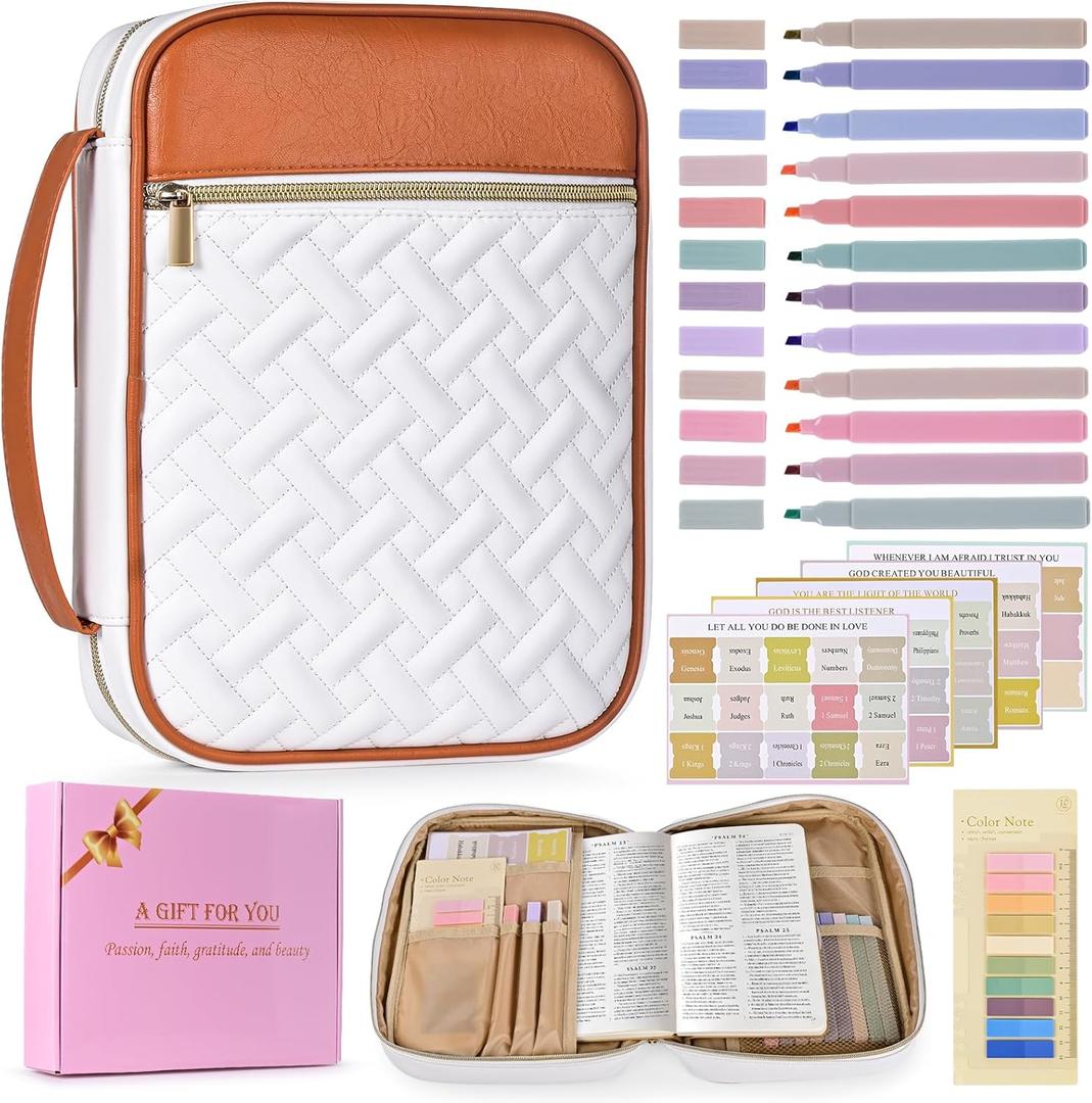 Bible Cover Case for Women - Quilted Large PU Leather Bible Carrying Book Case with Handle, Bible Bag Study Supplies Bible Carrier & Christian Gift for Women (Brownish White)