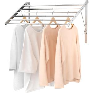 Wall Mounted Laundry Drying Rack, 29.92 inch Retractable Clothes Drying Rack, Foldable Laundry Rack Indoor with 6 Smooth Round Stainless Steel Rods, Space Saving for Laundry Room, Bathroom, Apartments