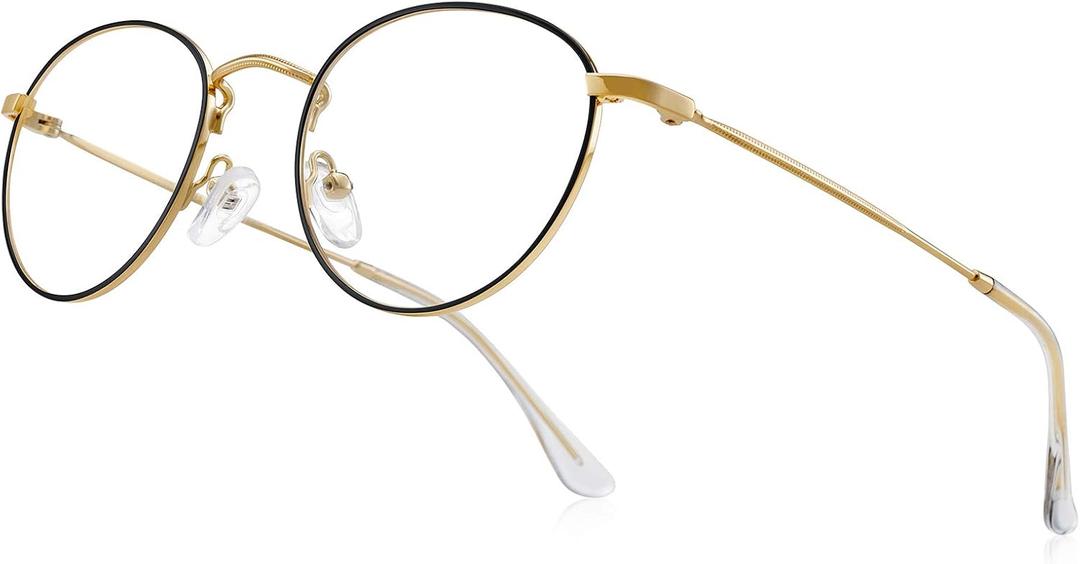 Small Metal Round Reading Glasses for Women Men Classic Vintage Retro Shades Blue Light Blocking Computer Readers (Gold&black)