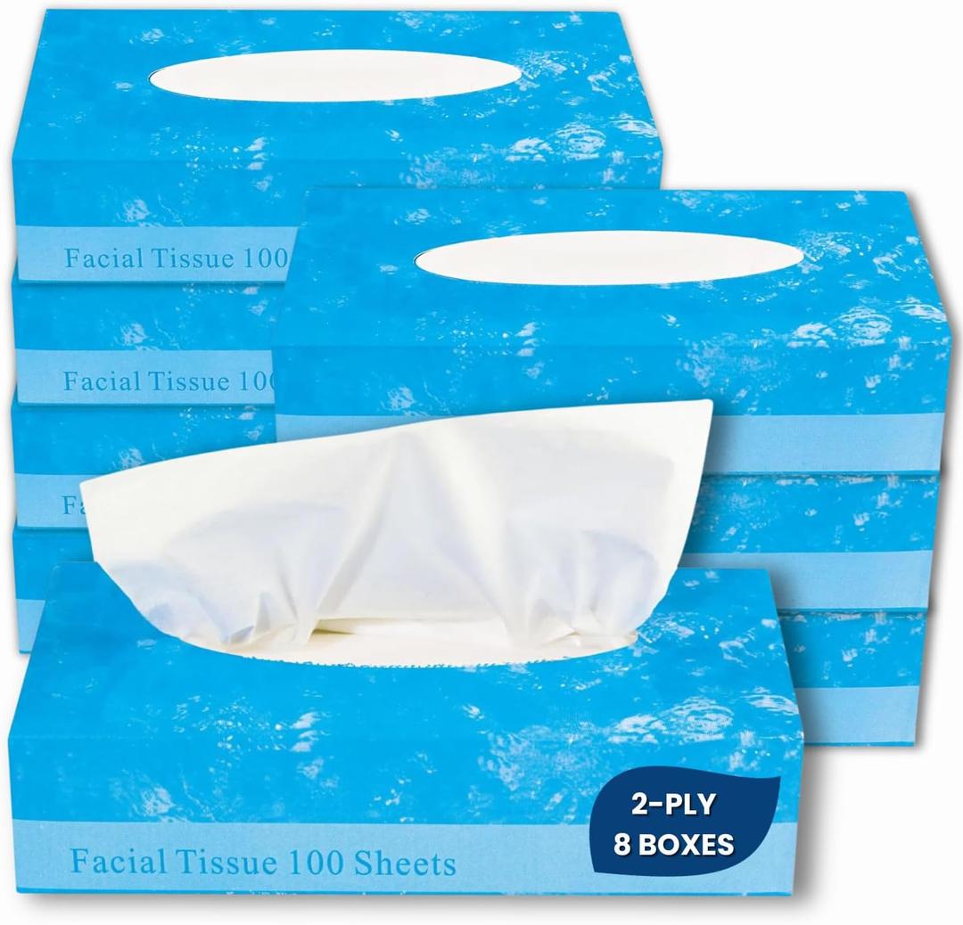 1InTheOffice Facial Tissue, Tissue Paper, Facial Tissue Paper, 2-Ply, Soft and Strong, Flat Box, White, 100 Sheets/Box, 8 Boxes