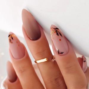 Fall Press on Nails Almond Fake Nails Medium Length Acrylic Nails with Maple Leaf Designs Glue On Nails Light Brown False Nails Glossy Autumn Artificial Nails Full Cover Stick on Nails for Women Girls 