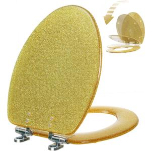 Angol Shiold ELONGATED Gold Glitter Resin Toilet Seat Soft Close Quick Release Adjustable Hinge Heavy Duty Easy Install & Clean Decorative Acrylic Seats(19 Inch, Gold Glitter, Upgraded Hinge)