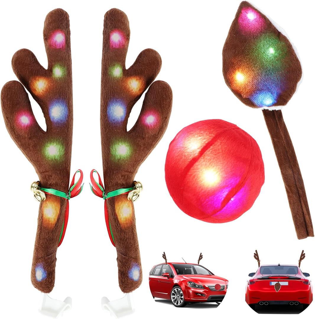 Christmas Reindeer Antlers for Cars with Light, KissDate Car Christmas Decorations with Rudolph Reindeer Red Nose Tail, Xmas Costume for Any Car Accessories Decorations (Multicolor)