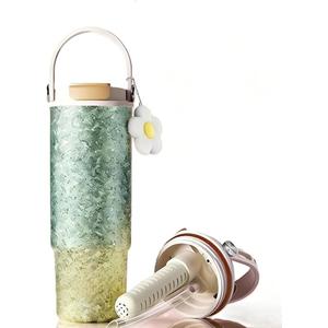 30oz/880ml Titanium Tumbler with straw lid & tea infuser,Leakproof Water Bottle for Hot & Cold Drinks,Insulated Coffee Thermos (Yellow cyan ripple)