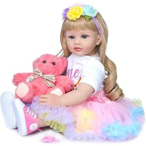 RXDOLL Toddler Reborn Baby Doll Girl Princess with Curly Blonde Hair 24 Inch 60cm Real Life Looking Reborn Toddler Dolls Soft Body Snuggle Cuddle Doll for Girls Gifts (White & Pink Dress-cloth Body)