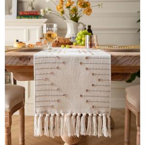 Boho Table Runner 13 x 108 Inch Long Natural Cotton Woven Runner with Tassels for Home Dining Table dcor, for Modern Farmhouse Decor Coffee Table Runner, Taupe and Beige