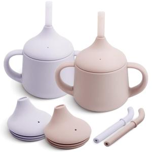Moonkie Silicone Baby Sippy Cups | 3 Stages Training Cup Straw Cup for Infants Toddlers and Kid | 4 oz 2Pack (Blush + Mauve)