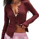Besshopie Womens Lightweight Cardigan Button Down Long Sleeve Cardigans Crew Neck Waffle Knit Open Front Tops (Small, Burgundy)