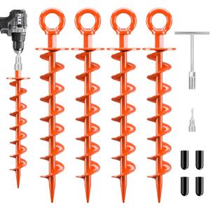 FEED GARDEN Ground Anchors Screw in Heavy Duty, 4 Pack 15 Inch Spiral Earth Anchors for Trampoline Anchors High Wind, Swing Set Anchors, Tent Stakes, Dog Tie Out & Canopy Stability, Orange, 4 Pack