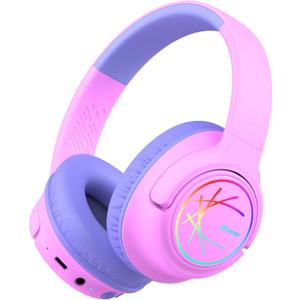 iClever Kids Bluetooth Headphones with LED Lights, BTH18 Safe Volume 74/85dBA, 43H Playtime, Bluetooth5.3 Kids Headphones Wireless Aux Cord for iPad/Tablet/Travel/School, Pink/Blue