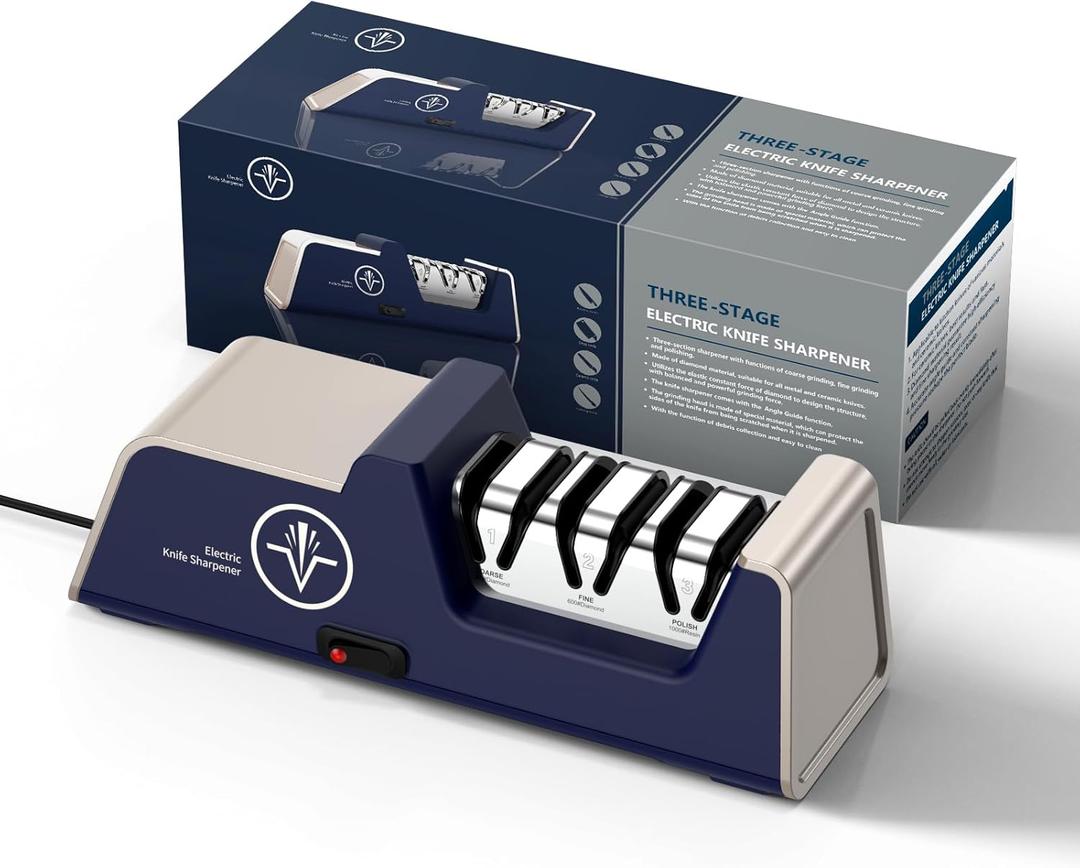 Electric Knife Sharpener for 15 to 20-Degree Knives 100% Diamond Abrasive Stropping Precision Guides for Straight&Serrated Edges&Ceramic Knife, Single&Double-bevel Knives, 3-Stage