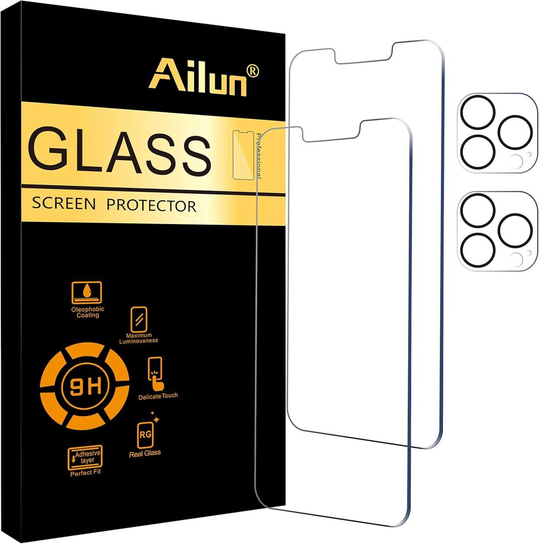Ailun 2Pack Screen Protector for iPhone 13 Pro [6.1 inch] Display 2021 + 2 Pack Camera Lens Protector, Tempered Glass Film,[9H Hardness] - HD [Not for iPhone 13 Pro Max]
