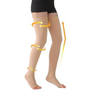 MGANG Medical Thigh High Compression Stockings for Men & Women, Pair, Open Toe, 15-20 mmHg Graduated Compression Support Hose, Opaque, Best for Varicose Veins, Edema, Flight, DVT, Swelling, Beige, Medium