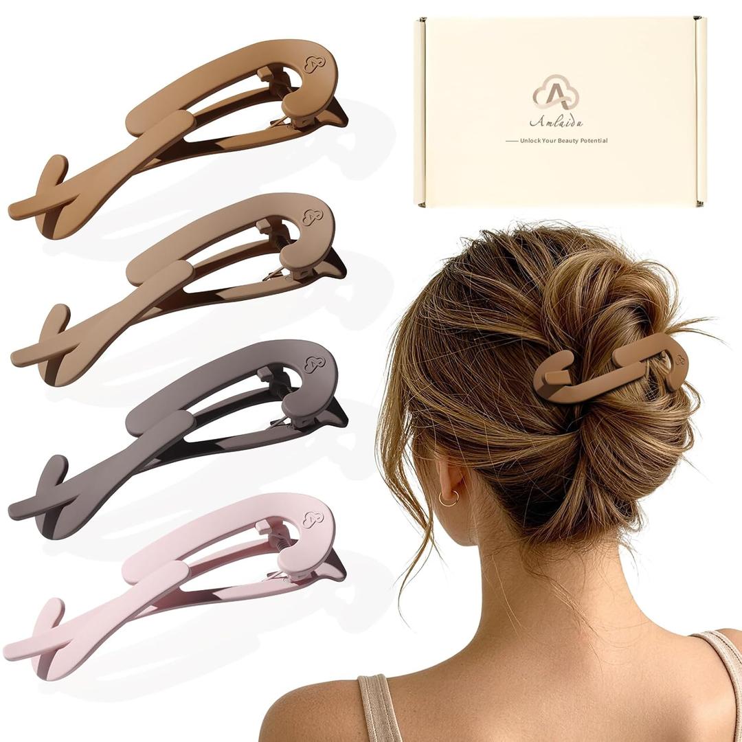 Large Twist Flat Hair Clips for Medium Thick Hair, Stylish Flat Claw Clips for Women, French Hairclips for Long Straight Curly Hair - Beige, Light Brown, Dark Brown, Black, 4pcs