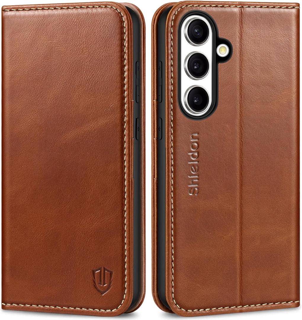 SHIELDON Case for Galaxy S25+ 6.7" 2025, Genuine Leather Flip Wallet Book Case Magnetic RFID Blocking Credit Card Holder Kickstand Shockproof Cover Compatible with Galaxy S25 Plus - Retro Brown